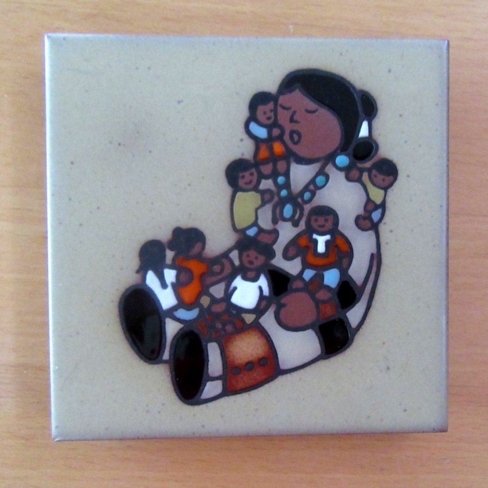 Vintage Cleo Teissedre Native American hand painted cork backed tile coaster